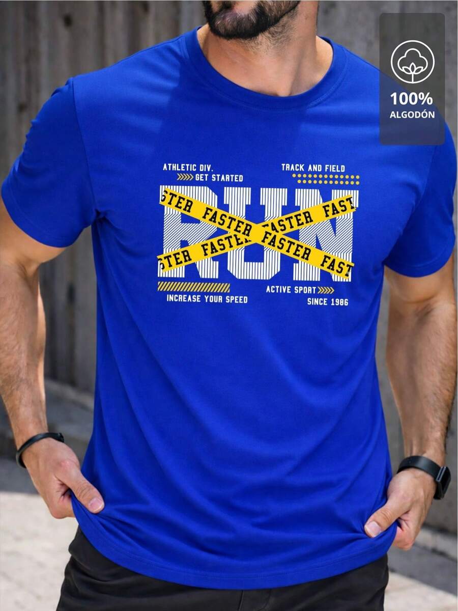 RUN FASTER Men's Printed T-Shirt - Elite Edition | 100% Cotton - 藍色 - 查看 1