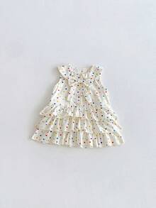 1pc Girls Outdoor Casual Sweet Multi-Layer Ruffle Colorful Polka Dot Sleeveless Dress Summer - Apricot - View 4