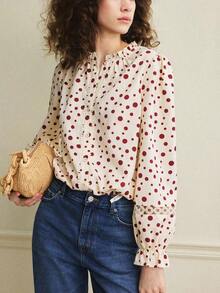Blusa asimétrica de mujer con parches de lunares, camisa casual para primavera/otoño, adecuada para comer, fiestas y uso diario - Albaricoque - Ver 5