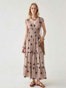 Vestido largo con volantes y estampado completo, atuendo de vacaciones y playa para mujeres - Caqui - Ver 12