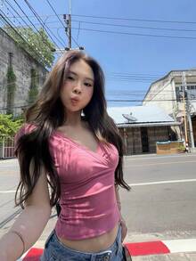 Women's Elastic Fitted V-Neck Short Sleeve T-Shirt Casual Top Summer Pink - Pink - View 2