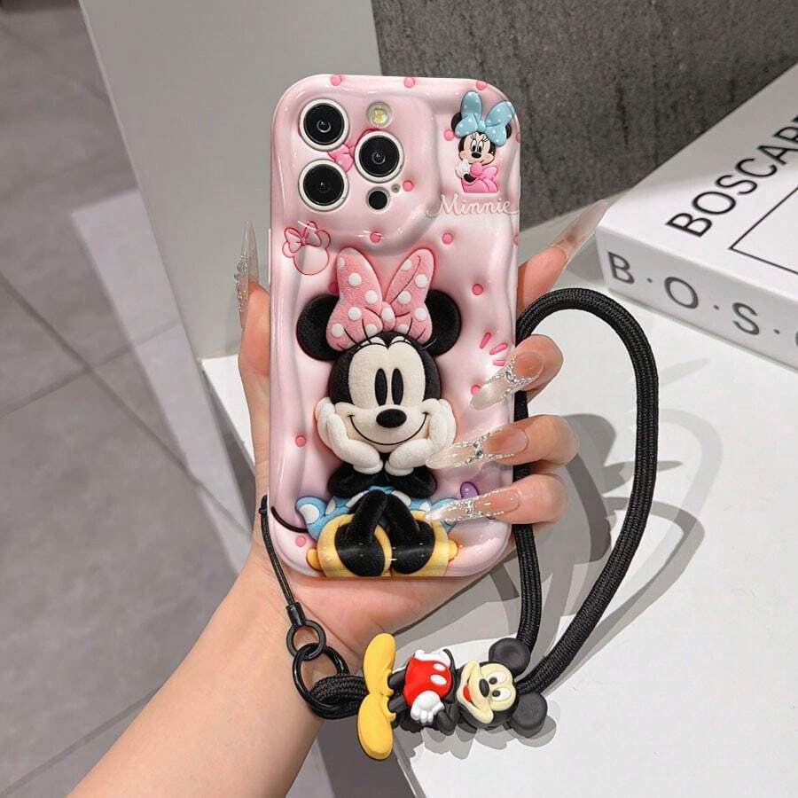 This Disney Mickey Mouse Lanyard Phone Case Is Fully Covered In TPU Material. It's Shockproof, Lightweight, And Compatible With IPhone17/16/11/13/15/15 Plus/15 Pro/15 Pro Max/12/14 Pro Max/11 Pro Max/12 Pro/12 Pro Max/13. This Phone Case Makes A Popular Birthday Gift Or Business Gift; It's Durable, Stain- And Fingerprint Resistant, And Suitable For Both Men And Women. The Set Also Includes A Mickey Mouse Phone Case And A Mickey Mouse Plush Bracelet. It's A Perfect Gift For Friends And Family. This Stylish Phone Case Is Fun, Lightweight, And Durable. IPhone17 Pro Max Phone Case, Minnie Mouse Phone Case. - trắng - Xem 1