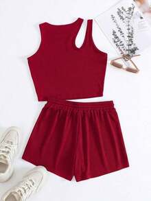con abertura Top tank & de cintura con cordón Shorts deportivos - Rojo - Ver 2