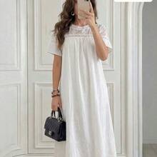 guangzhougaolangshangmao  Vestido midi de mujer con cuello redondo y mangas cortas con encaje en contraste - Blanco - Ver 7