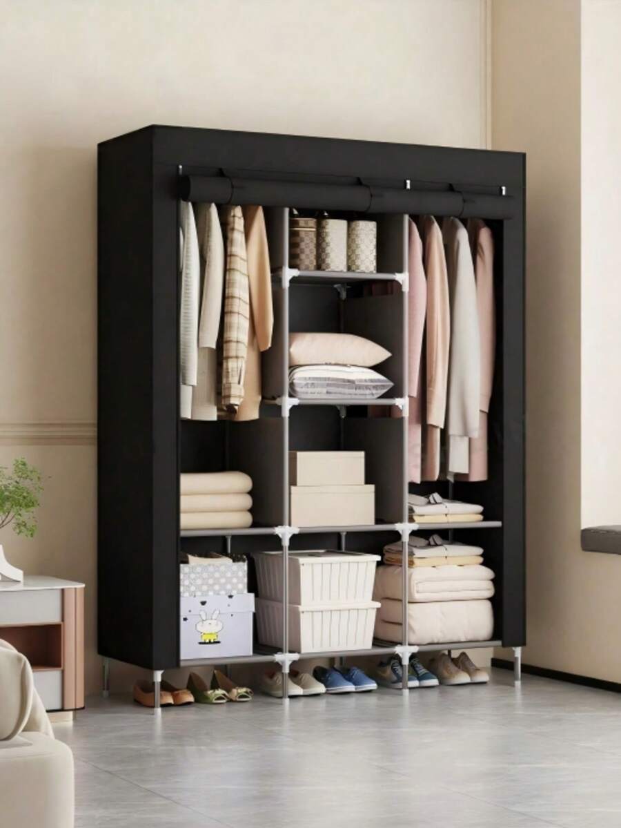 Multi-Layer Metal Wardrobe, Portable Modular Closet With Dust-Proof Cover, Large Capacity Hanging Rack With Hanging Rod And Shoe Storage, Space-Saving Storage Rack, Suitable For Dorms, Rentals, Bedrooms, Walk-In Closets, Wardrobes - Multicolor - View 1