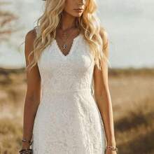 YijiaNvz  Vestido midi elegante y ajustado con encaje, estilo bohemio de vacaciones y festival occidental para mujeres - Blanco - Ver 7