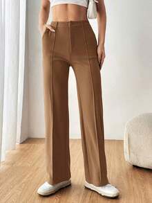 Pantalones rectos de traje para mujer con costuras expuestas para otoño/invierno - Camel - Ver 6