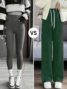 YI XUAN Pantalones anchos con forro térmico para mujer, pantalones rectos casuales térmicos de plátano cálidos para invierno - Verde Oscuro - Ver 4