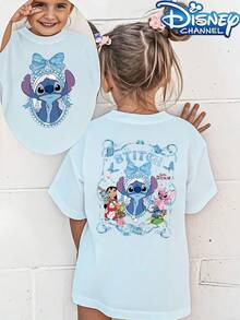 [Authorized] Stitch And Lilo Print Disney Girls' Summer Round Neck Casual T-Shirt For Children, Slightly Stretchy Fabric, Suitable For Birthday Gifts, Perfect For Daily Activities, Sports, And Travel, Summer T-Shirts For Girls - 淺藍色 - 查看 1