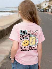 "Life Gave Me Some Lemons, But My Jesus Is Making Lemonade" Double-Sided Printed T-Shirt, Machine Washable, 100% Cotton, For Boys And Girls, Teen Clothing, Perfect Summer Gift, Casual Style For Outdoor Sports, Comfortable And Breathable, Skin Friendly, Fashionable And Versatile, Short-Sleeved Crew Neck T-Shirt That Kids Can Wear On Their Own. - 粉色 - 查看 3