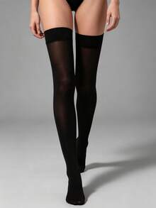 1 Pair Ice Silk Solid Color Transparent Thigh High Socks, Cool And Sun-Protective Long Stockings For Summer, Daily, Party And Casual Wear - Black - View 7
