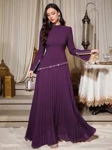 Women's Solid Deep Purple Small Stand Collar Asymmetrical Rhinestone Embellished Cuff Rhinestone Embellished Pleated Hem Oversized Birthday Wedding - Dark Purple - View 3