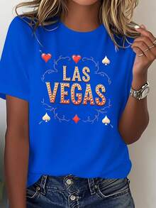 Camiseta de color sólido para mujer, estampada con el símbolo del póker de Las Vegas (peones, picas, corazones) - Corte casual para noche de póker, lavable a máquina - Blusa casual para mujer. - Azul - Ver 7