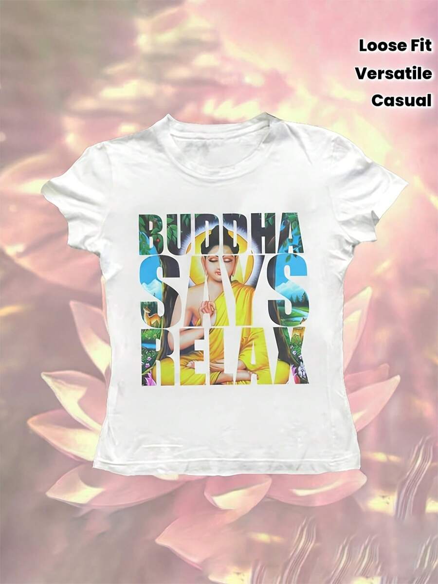 Camiseta de manga corta para mujer con estampado de estatua de Buda y letras, blanca, estilo casual de verano, corte holgado, estilo zen vintage, versátil. - Negro - Ver 1