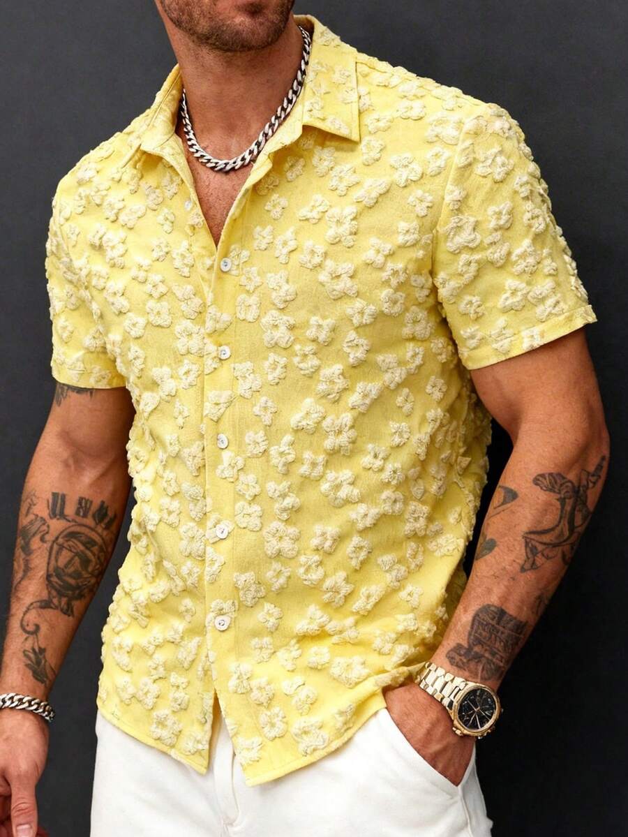 男士3D立体花卉提花全扣休闲衬衫,新款夏季短袖衬衫 - 黃色 - 查看 1