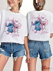 Official Disney Lilo & Stitch Stitch?Angel Purple?Butterfly Star Handwritten?Font Hug Front & Back Print T?Shirt For Women, Cute Healing?Style Oversized Drop?Shoulder Top, Anime?Lover Couple?Dating Bestie Daily?Casual Tee - trắng - Xem 1