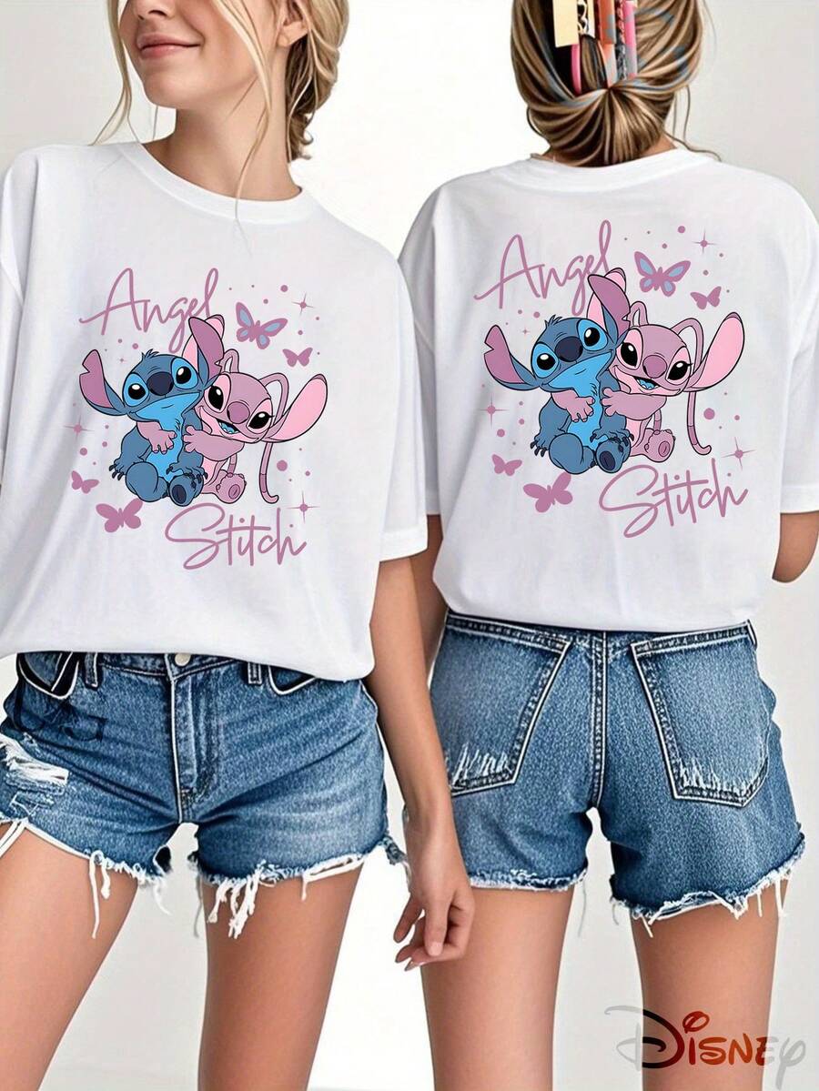 Official Disney Lilo & Stitch Stitch?Angel Purple?Butterfly Star Handwritten?Font Hug Front & Back Print T?Shirt For Women, Cute Healing?Style Oversized Drop?Shoulder Top, Anime?Lover Couple?Dating Bestie Daily?Casual Tee - trắng - Xem 1