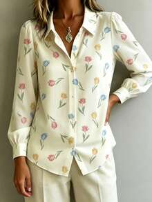 French Sweet Tulip Print Collar Blouse, Colorblock Puff Sleeve Top, Versatile For Work, Date, Casual Wear, Suitable For Spring/Summer, Romantic Style For Valentine's Day/Mother's Day - Cream - View 10