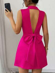 Nuevo vestido mini de mujer con diseño de lazo, de cuello de solapa, doble botonadura, escote en V profundo, sin mangas, ajustado, versátil para fiesta, cita, joven, elegante, pequeña y sexy - Rosa Fucsia - Ver 2