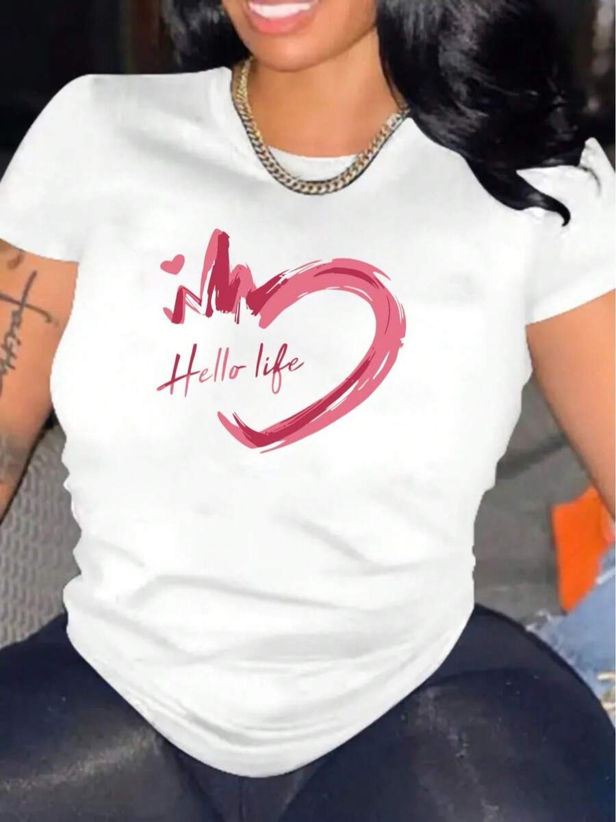 YOCASA Women's Casual Summer T-Shirt, Round Neck, Fitted Short Sleeve, With Oil Painting Print, Floral, Heart, Cherry And Letter Patterns. Simple Casual Fabric, Sporty Style, Ideal For Everyday Wear And Valentine's Day Dates. - 白色-YH435 - 查看 1