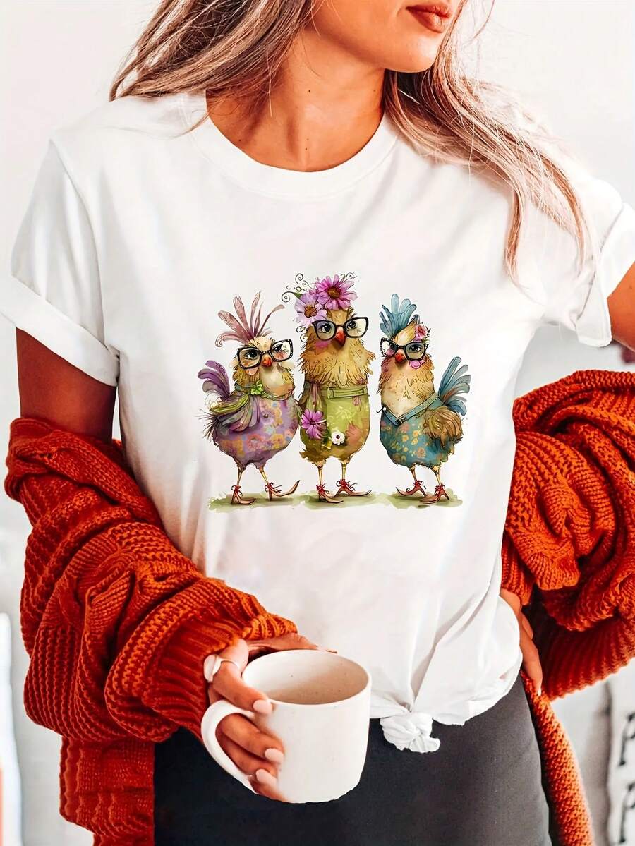 Camiseta con estampado de familia de pollos, cuello redondo y manga corta para verano y primavera, Ropa de mujer - [Blanco] - Ver 1