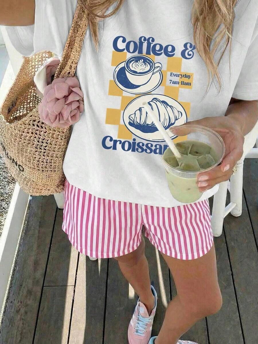 A Women's Short-Sleeve Tee With A Retro American Style, Featuring A Relaxed Fit And A Printed Design (Pants Are For Styling Suggestions Only). This Simple Yet Stylish Piece Features A Tropical-Themed Printed Letter Pattern, Making It A Must-Have For Creating A Laid-Back Holiday Look, Perfect For Occasions Like Labor Day And Mexican Independence Day. - White - View 1