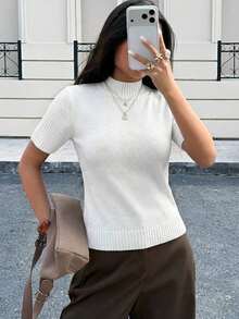 Blusa de punto de cuello alto de unicolor de manga corta para mujer, para todas las estaciones - Blanco - Ver 5