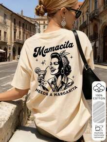 Camiseta gráfica retro estadounidense "Mamacita Needs A Margarita" para mujer, 100% algodón de tela suave y transpirable, corte holgado, estilo casual de vacaciones de manga corta, adecuada para salidas con amigos, viajes a la playa, fiestas temáticas, transporte diario en verano - Albaricoque 2 - Ver 7