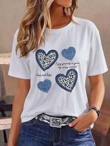 Playera Oversize Mujer "Corazones Rosa y Leopardo" - Azul Marino con Estampado Femenino Chic - Blanco-3 - Ver 1