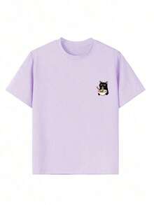 Girls' Fun Cat Print Crew Neck T-Shirt, Summer Top - Màu tím - View 4