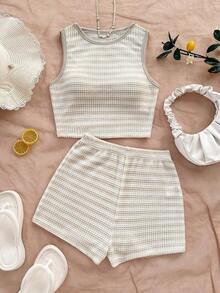 Set de 2 piezas de top tubo y shorts elastizados en la cintura con diseño de jacquard rojo y blanco a rayas para mujer, ideal para vacaciones - Multicolor 2 - Ver 7