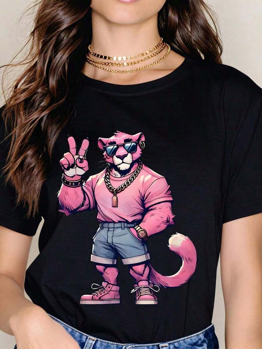Camiseta con Estampado de Dibujos Animados P-In-K P-An-Th-Er, Estilo Streetwear, Estampado Animal, Unisex, Casual, Diseño de Moda - Negro - Ver 1