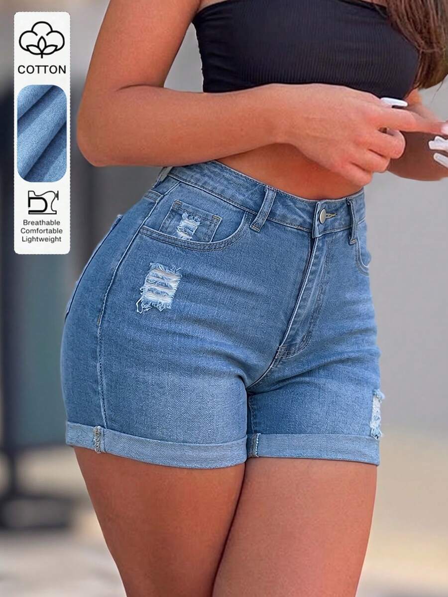 WISH Street Style Cuffed Ripped Straight Leg Women Denim Shorts - Dark Wash - View 1