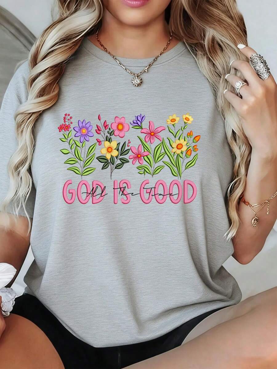Women's Soft Floral T-Shirt With "God Is Good" - Crew Neck Top With Verse Print, Suitable For Casual Church Wear, Machine Washable, Ideal For Religious Gatherings And Everyday Wear. UVJA - 灰色 - 查看 1