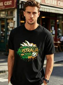 Camiseta de aficionado al fútbol de Australia 2026, 180g, cómoda, estampada, de manga corta, regalo de verano para el espíritu de equipo, temporada de fútbol 2026, reunión familiar, formación de equipo, solidaridad, talla S, ropa unisex informal, camiseta oficial con temática de fútbol. - Negro - Ver 6