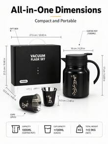 Bộ cà phê 3 món bằng thép không gỉ, bao gồm 1 bình cà phê cách nhiệt chân không 1000ml và 2 cốc hai lớp. Được làm từ thép không gỉ chất lượng cao với khả năng chịu nhiệt và lạnh tuyệt vời, thể hiện nét quyến rũ phong cách truyền thống. Phù hợp cho gia đình, văn phòng hoặc tiếp khách, mang lại trải nghiệm cà phê tuyệt vời và là lựa chọn quà tặng lý tưởng. - màu đen - Xem 5