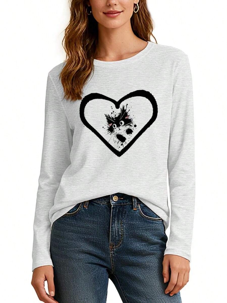 Cute Women's Cat And Heart Print T-Shirt, Soft Cotton Blend Fabric, Loose-Fitting Casual Summer T-Shirt For Everyday Wear And More - 2-白 - 查看 1