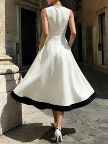 Vestido de verano para mujer, vestido evasé con cuello en V sin mangas en contraste blanco y negro, con bolsillos laterales, vestido estilizador, vestido de verano, vestido de vacaciones, vestido de oficina, vestido diario, vestido elegante, vestido formal, vestido casual, vestido de graduación, vestido de vacaciones, vestido para exteriores, vestido casual y elegante para la oficina, atuendo versátil para uso diario, uniforme urbano de maestro - Albaricoque - Ver 2
