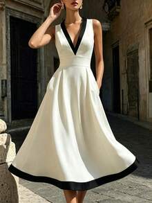 Vestido de verano para mujer, vestido evasé con cuello en V sin mangas en contraste blanco y negro, con bolsillos laterales, vestido estilizador, vestido de verano, vestido de vacaciones, vestido de oficina, vestido diario, vestido elegante, vestido formal, vestido casual, vestido de graduación, vestido de vacaciones, vestido para exteriores, vestido casual y elegante para la oficina, atuendo versátil para uso diario, uniforme urbano de maestro - Albaricoque - Ver 3