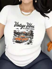 Camiseta Deportiva Casual de Cuello Redondo con Estampado de Coche Clásico y Estilo Retro - Camiseta de Manga Corta para Mujer, Moda Y2K, Cómoda para Todas las Temporadas, Lavable a Máquina, Prenda Hecha de Tela de Alta Calidad - Blanco - Ver 1