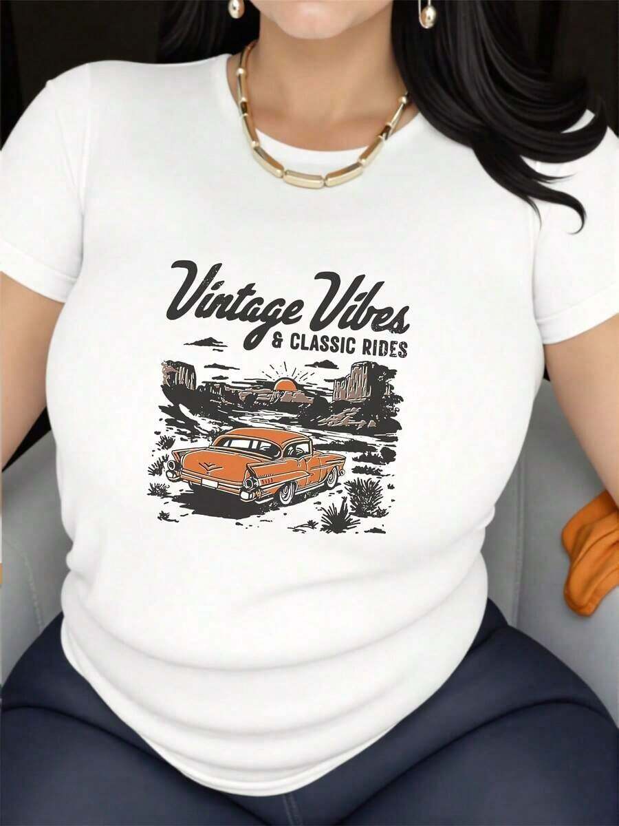Camiseta Deportiva Casual de Cuello Redondo con Estampado de Coche Clásico y Estilo Retro - Camiseta de Manga Corta para Mujer, Moda Y2K, Cómoda para Todas las Temporadas, Lavable a Máquina, Prenda Hecha de Tela de Alta Calidad - Blanco - Ver 1