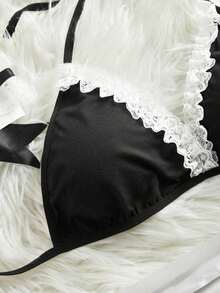 Plus-Size Classic Black-White Lace Patchwork Maid Costume-Piece Set Sexy Lingerie Sets Teddy Lingerie Babydoll Nightgown Lace Lingerie Sheer Mesh Lingerie Plus Size Valentines Lingerie Sexy Lace Babydoll Lingerie Set With Thong - 黑白 - 查看 3