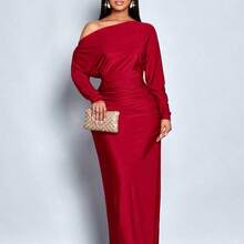 Fengyu Women's Clothing Store  Vestido ajustado de manga larga con cuello asimétrico y fruncido, elegante para mujer, adecuado para fiestas de Navidad, vacaciones y citas - Negro - Ver 7