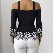 Yunuo Menswear  Elenzya Elegante blusa romántica de vacaciones con adorno floral 3D en blanco y negro, top de mujer de manga larga con hombros descubiertos, top negro de mujer con hombros descubiertos, top de encaje negro y blanco, blusa sexy, top negro con hombros descubiertos, tops negros con hombros descubiertos, tops en blanco y negro para mujeres, blusas sexy para mujeres, tops sexy para mujeres, tops con adorno de encaje, top bordado, blusas y tops de mujer, blusa de trabajo, blusas para mujeres, nu - Rosa Pálido - Ver 3