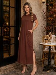 Comfortable Women's Midi Dress With Practical Pocket And Side Slit - Casual And Elegant - 深棕色 - 查看 2