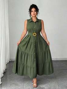 Vestido camisero de talla grande para mujer, de unicolor, casual, con un solo botón delantero y sin mangas, vestido plisado, para verano - Verde militar - Ver 3