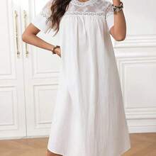 guangzhougaolangshangmao  Vestido midi de mujer con cuello redondo y mangas cortas con encaje en contraste - Blanco - Ver 5