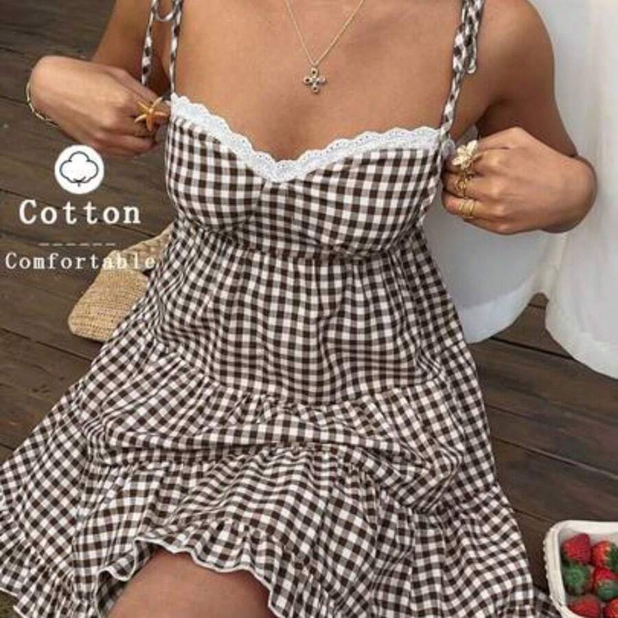YijiaNvz Vestido de mujer retro francés de cuadros rojos con tirantes finos, nuevo diseño de primavera temprana con encaje, favorecedora, versátil, dulce y elegante con capas - Café integral - Ver 1