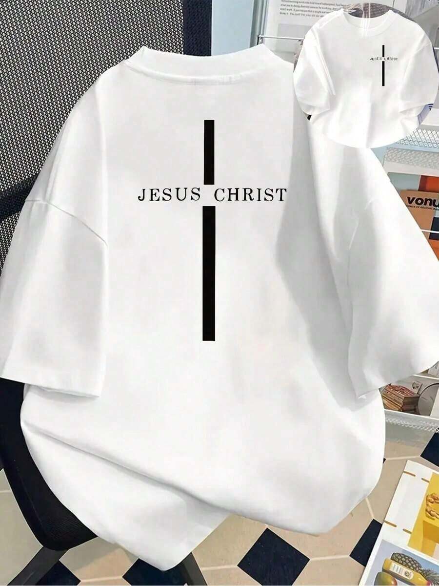 Camiseta Blanca para Mujer - Estampado de Jesucristo con Letras en Negrita y Cruz, Ropa Religiosa Casual para la Iglesia - Top Lavable a Máquina Inspirada en la Fe - Blanco - Ver 1