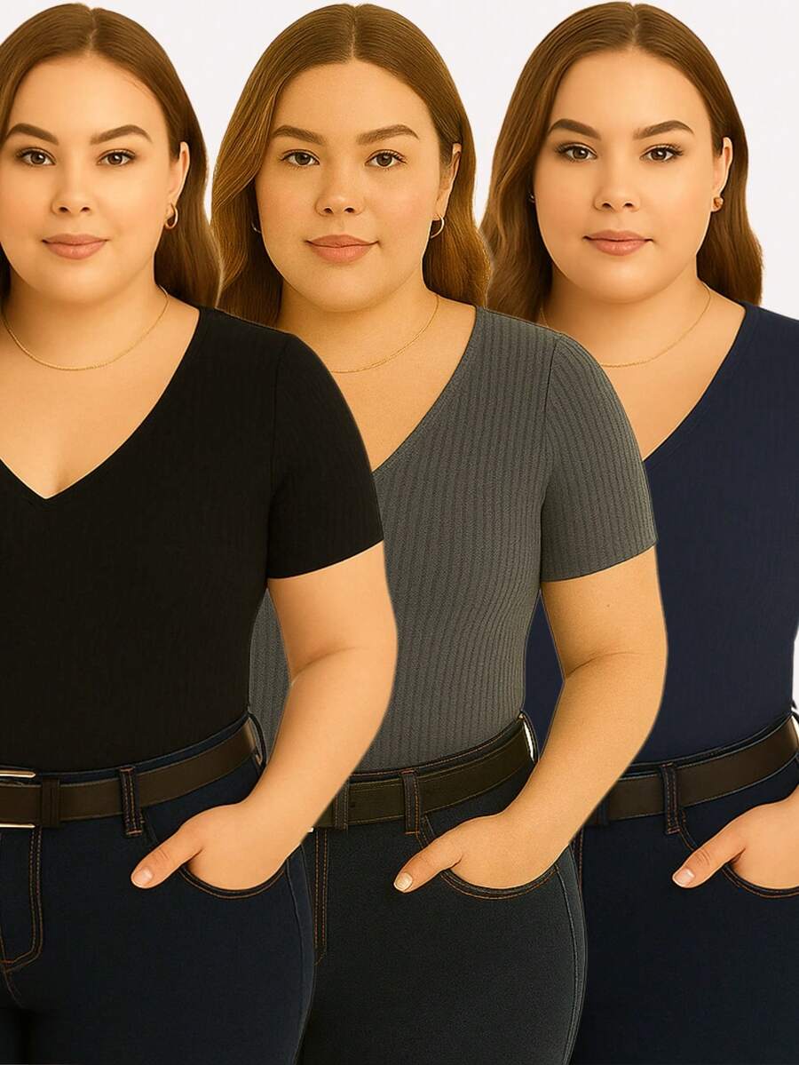 Set Of 3 Basic Women's Plus Size V-Neck Blouses - Black/grey/navy - View 1